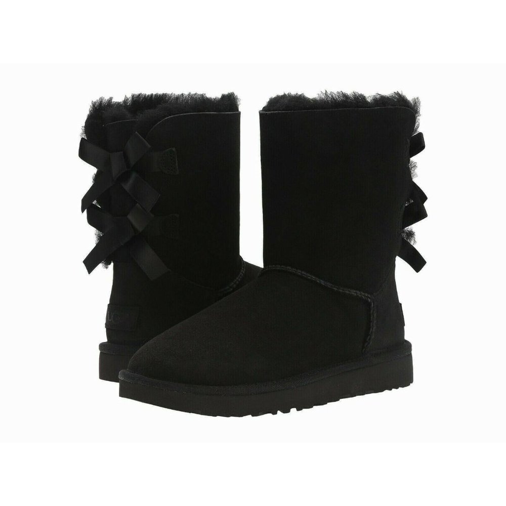 UGG Women Bailey Bow II Winter Boot 1016225 Black Leather Suede Shearling Size 8